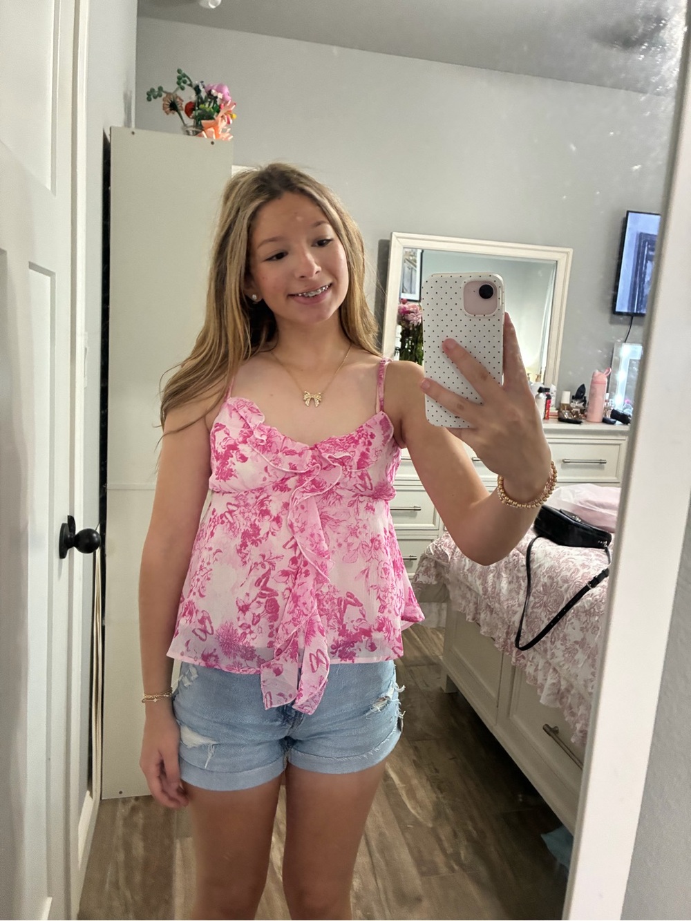 Pink Floral Ruffle Tie-Front Cami Top